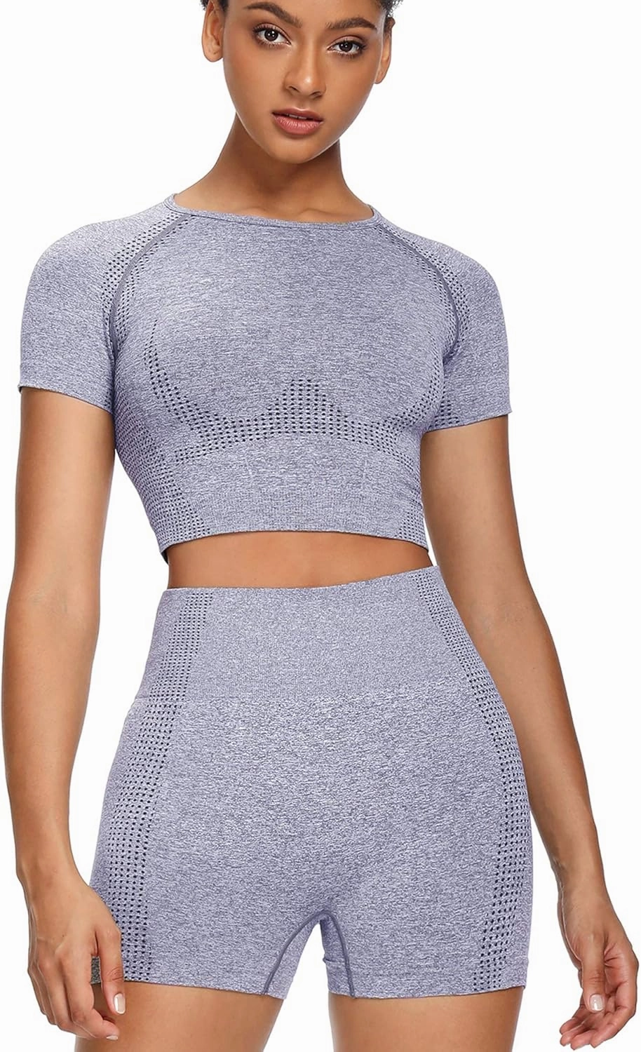 Women Seamless Yoga Outfits 2 Piece Set Workout Gym Shorts   Short Sleeve Crop Top