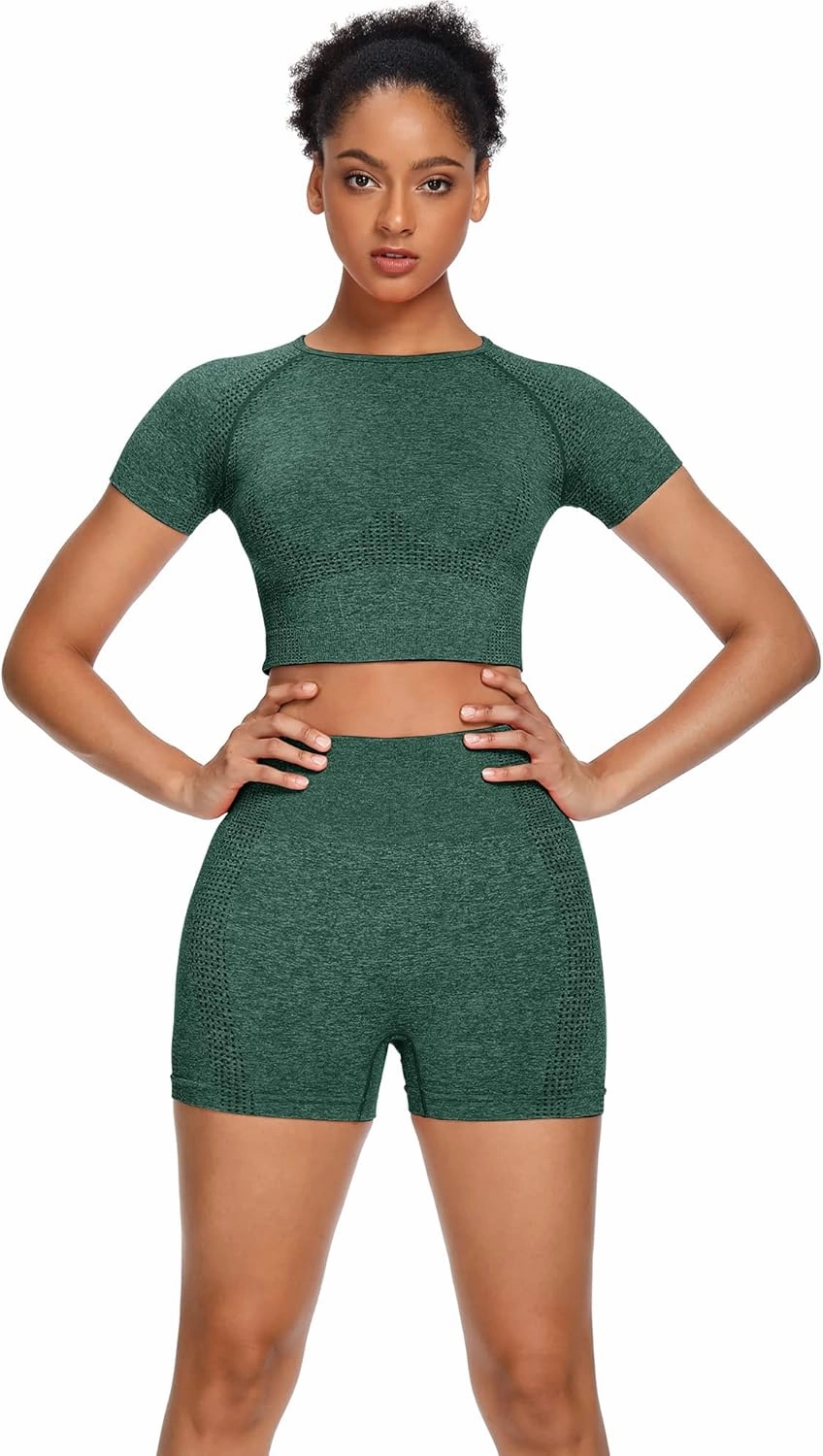 Women Seamless Yoga Outfits 2 Piece Set Workout Gym Shorts   Short Sleeve Crop Top