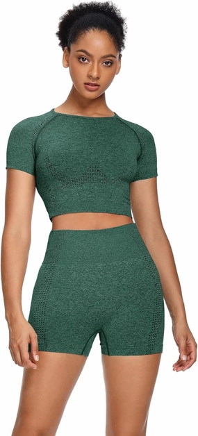 Women Seamless Yoga Outfits 2 Piece Set Workout Gym Shorts   Short Sleeve Crop Top