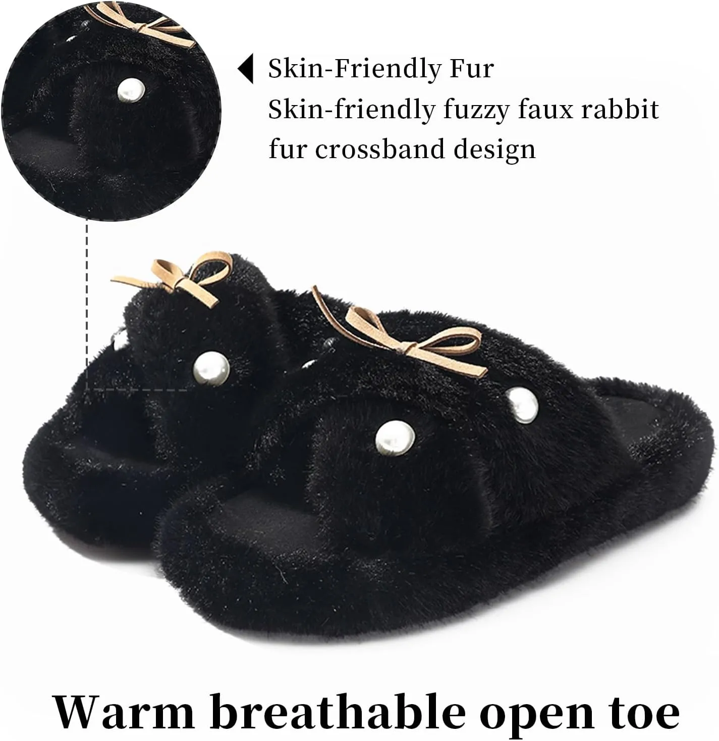 Women's Fuzzy Slippers Cross Band Memory Foam Fuzzy House Slippers Indoor and Outdoor Open Toe Anti-Skid Arch Support