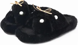 Women's Fuzzy Slippers Cross Band Memory Foam Fuzzy House Slippers Indoor and Outdoor Open Toe Anti-Skid Arch Support