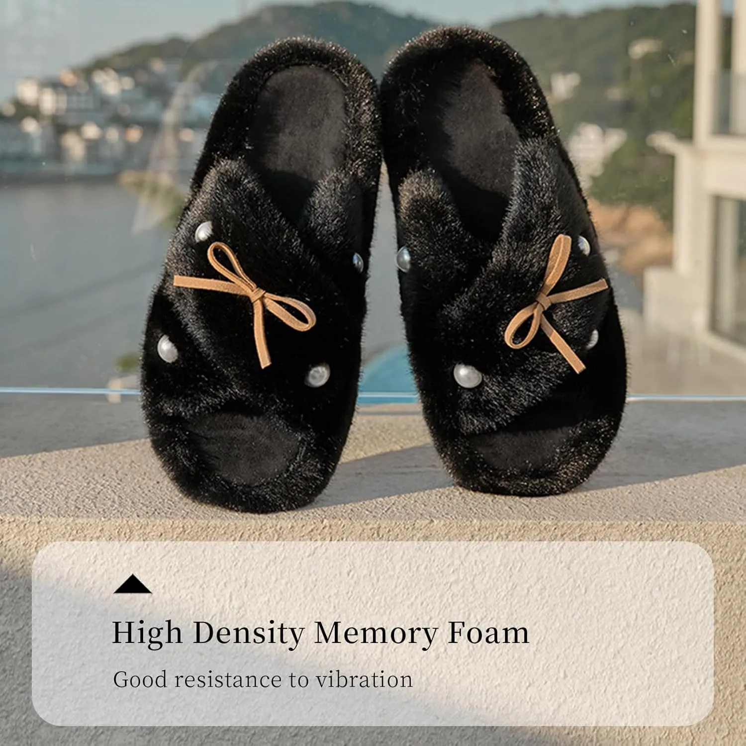 Women's Fuzzy Slippers Cross Band Memory Foam Fuzzy House Slippers Indoor and Outdoor Open Toe Anti-Skid Arch Support