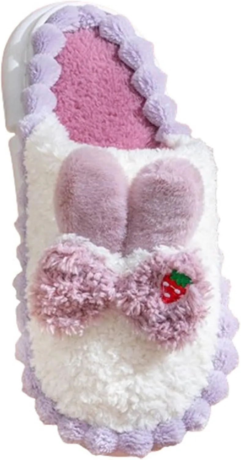 Women’s Girl's Soft Slip On Fur Fluffy Plush Slippers Bunny Rabbit Ears Bow Design House Slippers - Cute and Furry Indoor/Outdoor Footwear(40/41 EU, Purple)