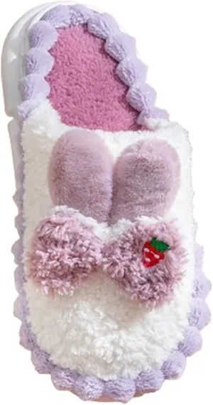 Women’s Girl's Soft Slip On Fur Fluffy Plush Slippers Bunny Rabbit Ears Bow Design House Slippers - Cute and Furry Indoor/Outdoor Footwear(40/41 EU, Purple)