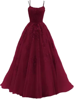 Women's Lace Appliques Prom Dresses Long Spaghetti Strap Ball Gowns Tulle Formal Dress for Party