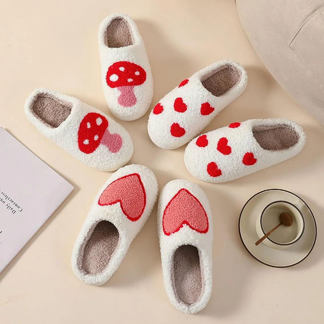 Women's Plush Heart Love Slippers - Blue Eyes Mushroom Cat Ears Retro Memory Foam Soft Plush Home Shoes