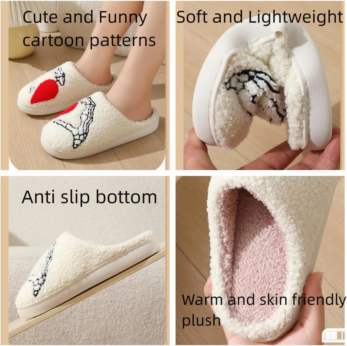 Womens Mens Slippers Retro Memory Foam Cute Cartoon Skeleton Ghost Pumpkin Plush Fluffy Warm Fur Lined slippers, Slip-Resistant Indoor House Home Winter Shoes