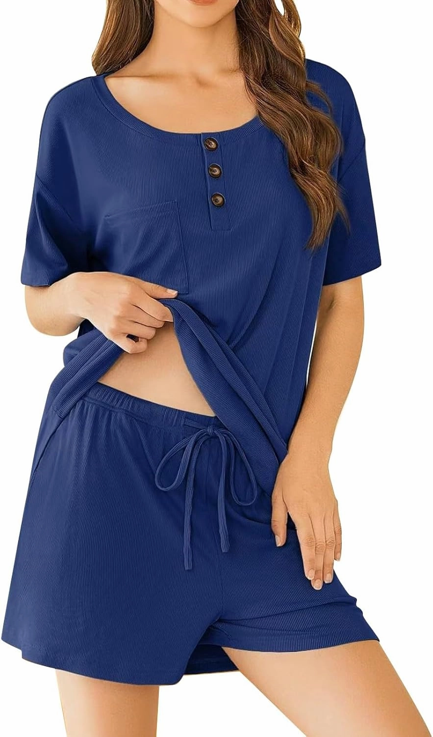 Womens Pajamas Summer 2 Piece Sets Knit Loungewear V Neck Cap Sleeve Workout Sets Biker Shorts Tracksuit