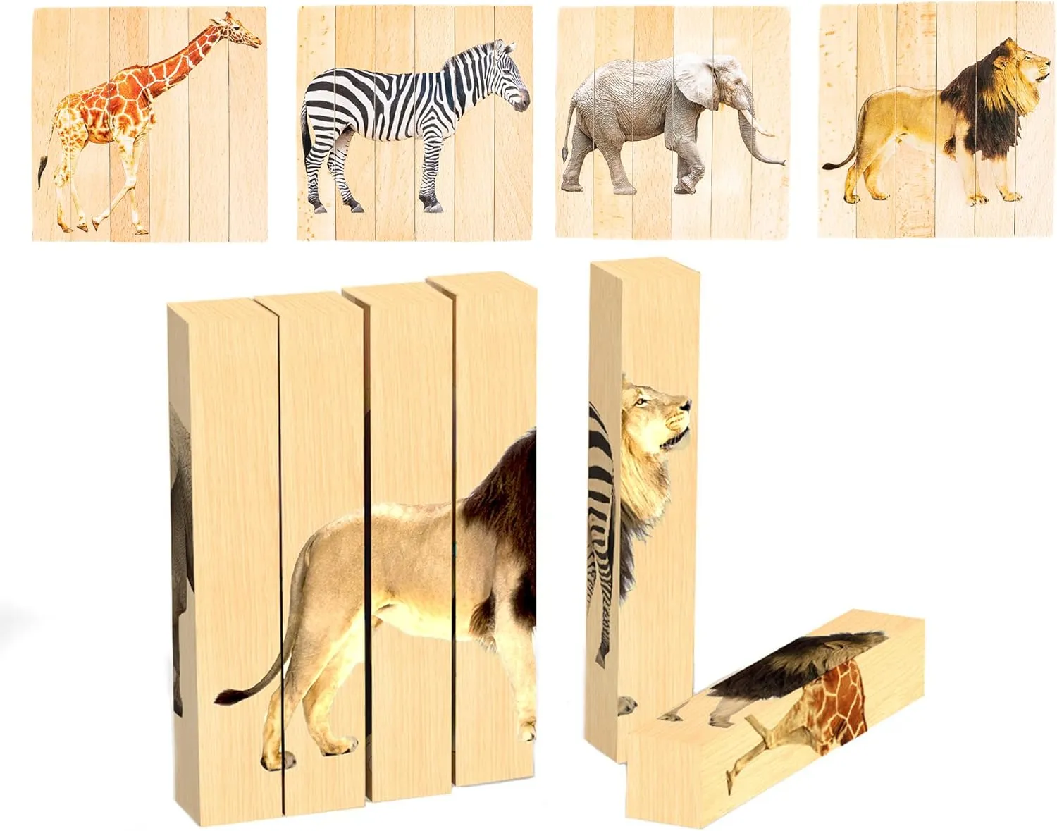 Wooden Animal Chunky Puzzles for Toddlers 2  Years - Montessori 4 in 1 Safari Animal Block Puzzle Toy