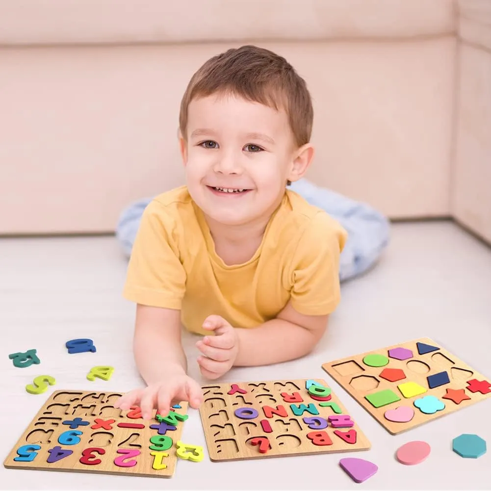Wooden Puzzles for Toddlers, Wooden ABC Alphabet Letter Number Shape Puzzles Toddler Learning Puzzle Toys for Kids Boys Girls, 3 in 1 Puzzles Educational Blocks Board Toys