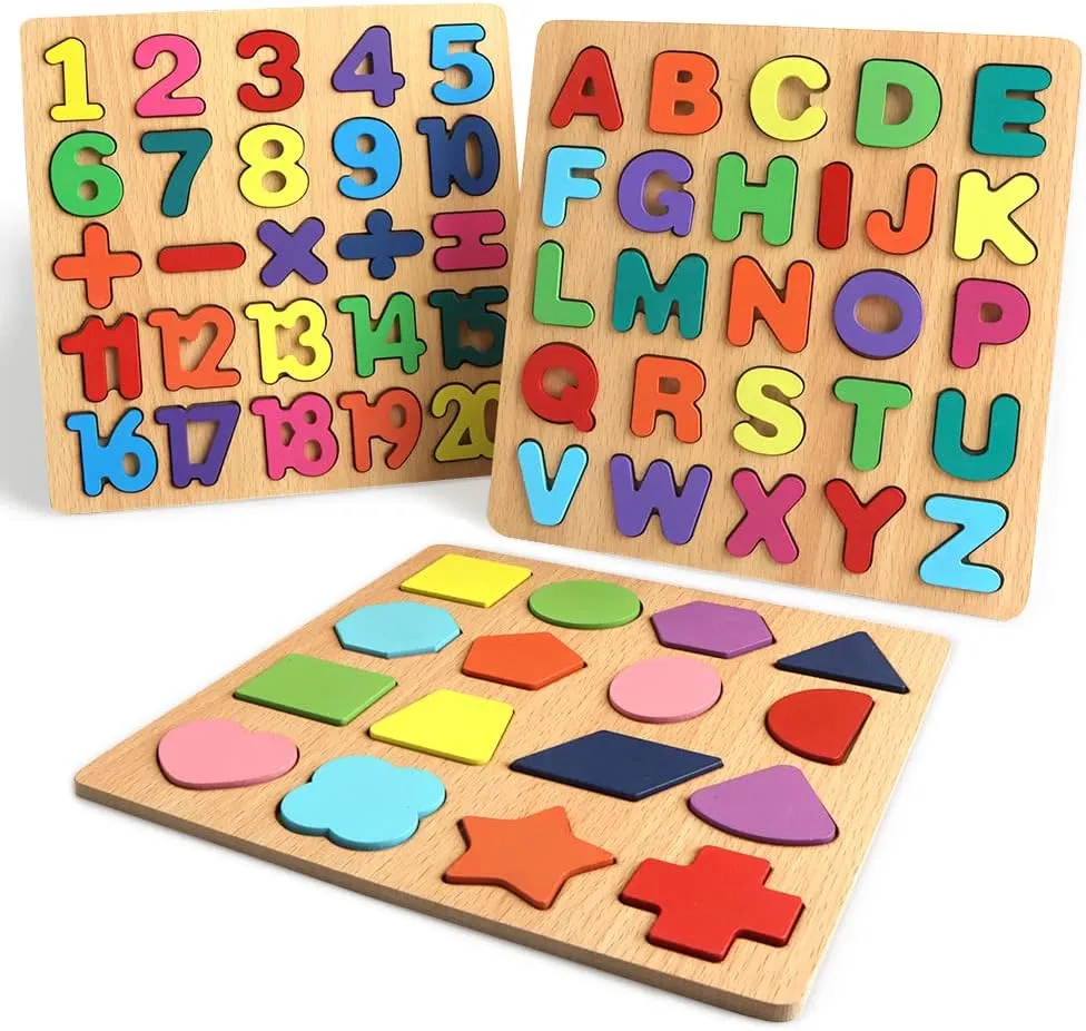 Wooden Puzzles for Toddlers, Wooden ABC Alphabet Letter Number Shape Puzzles Toddler Learning Puzzle Toys for Kids Boys Girls, 3 in 1 Puzzles Educational Blocks Board Toys