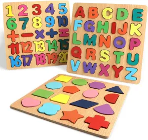 Wooden Puzzles for Toddlers, Wooden ABC Alphabet Letter Number Shape Puzzles Toddler Learning Puzzle Toys for Kids Boys Girls, 3 in 1 Puzzles Educational Blocks Board Toys