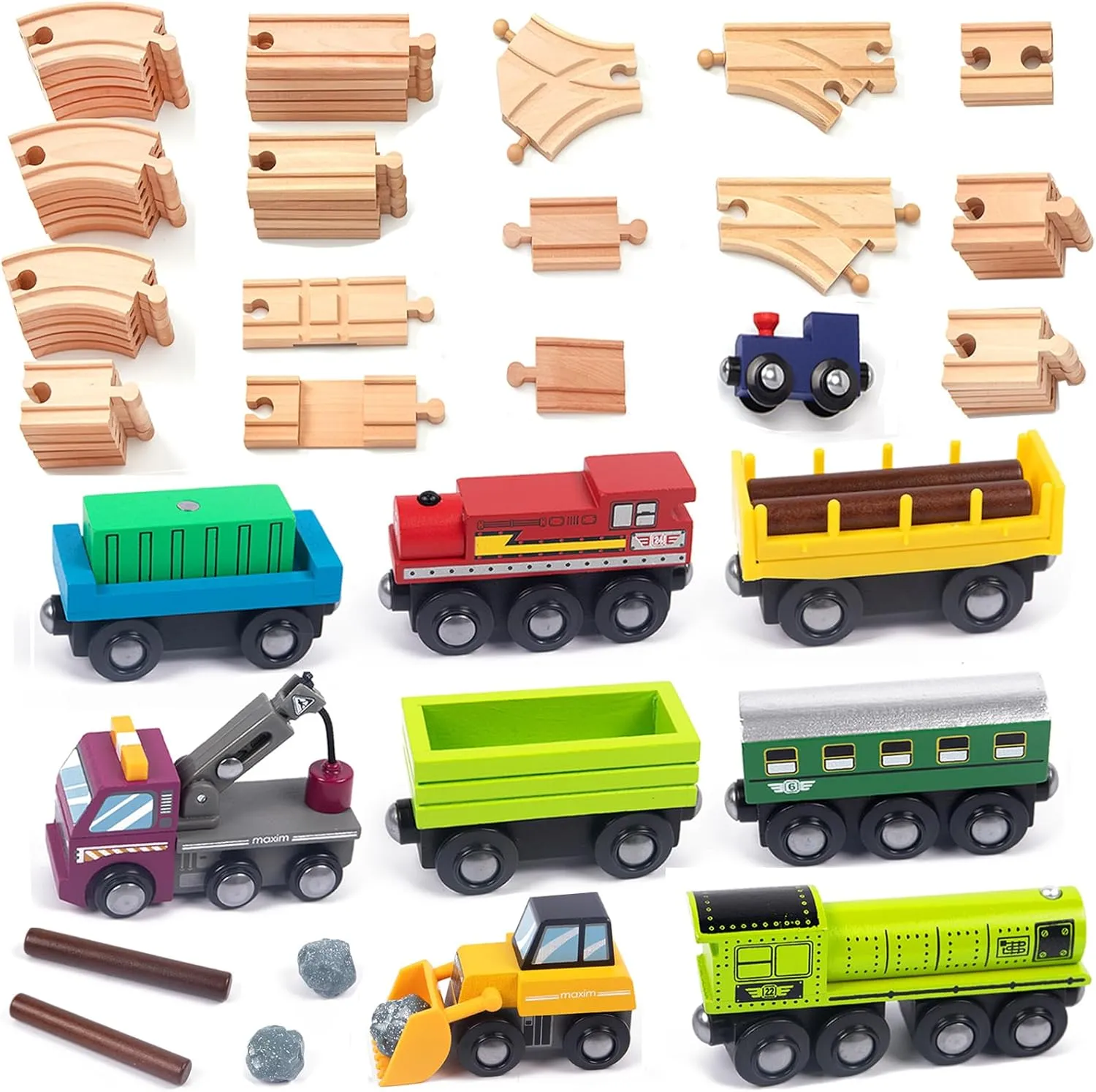Wooden Train Tracks 53Pcs & Wooden MagneticTrain Cars 8Pcs Toys