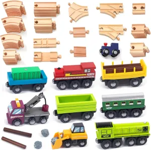 Wooden Train Tracks 53Pcs & Wooden MagneticTrain Cars 8Pcs Toys