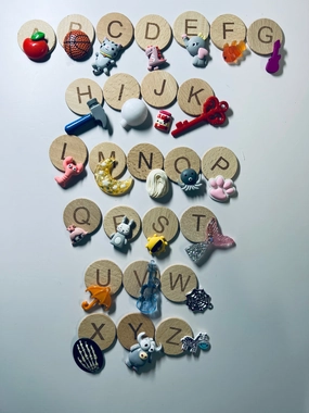 Wooden Alphabet letters WITH OBJECTS -Montessori Letter Rounds-English Letter Circles-Alphabet Wood Letters