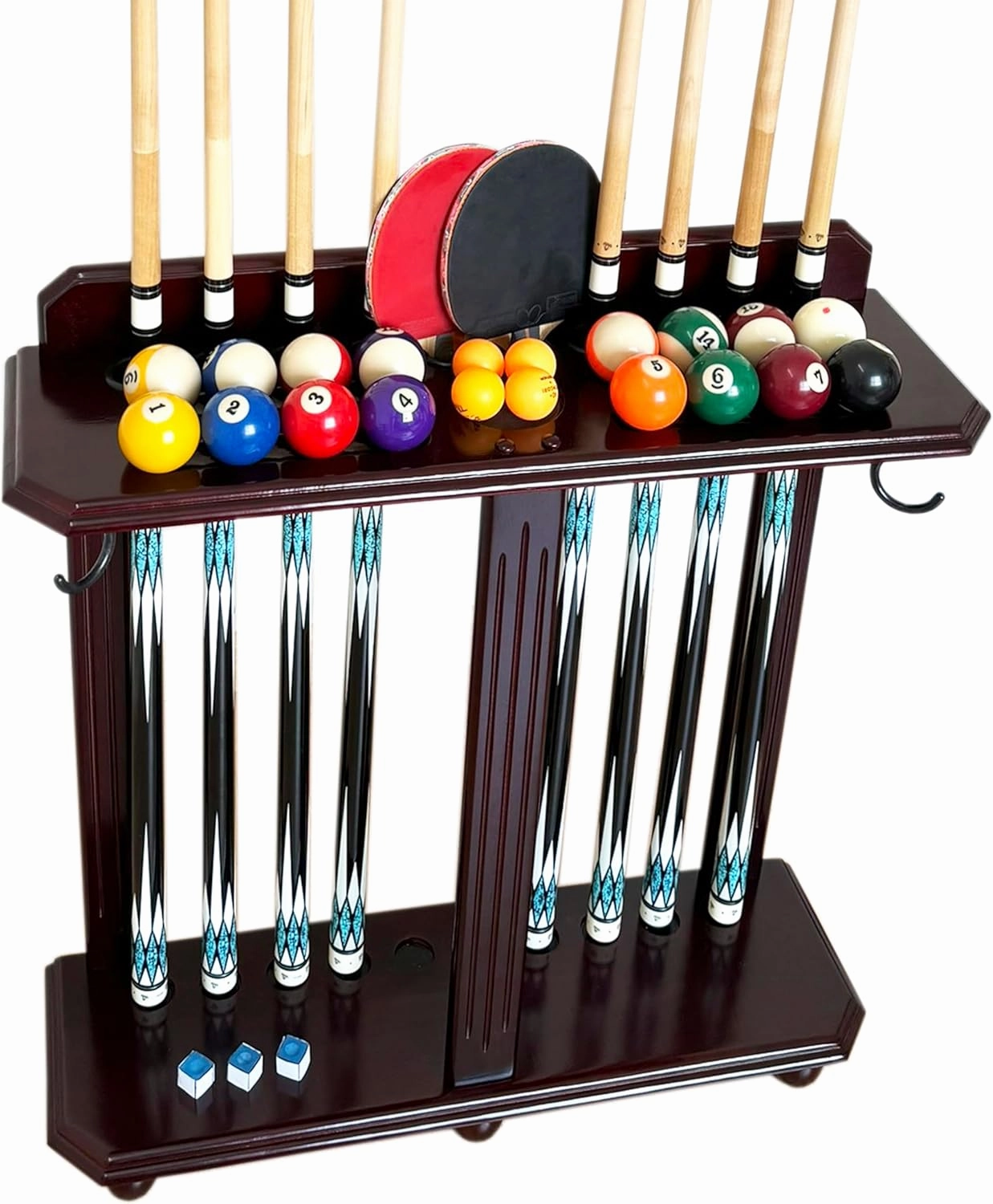 Wooden Billiard Cue Rack Hold up to 10 Pool Cue Sticks, Pool Cue Stick Holder, Floor Stand Pool Cue Holder for Billiard Game Room (Mahogany)