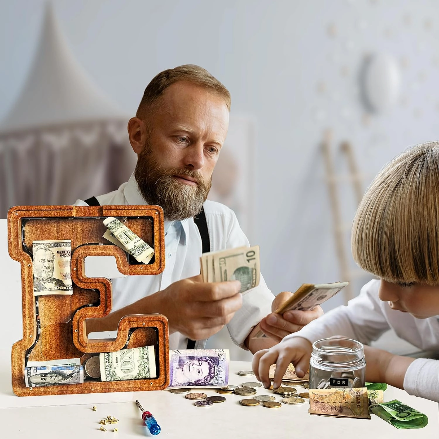 Wooden Letter Piggy Bank for Kids,9inch Kids Money Bank with LED Lights, Alphabet Coin Jar(A-Z), Birthday Gift for Kids, Toys for Boys and Girls(Z)