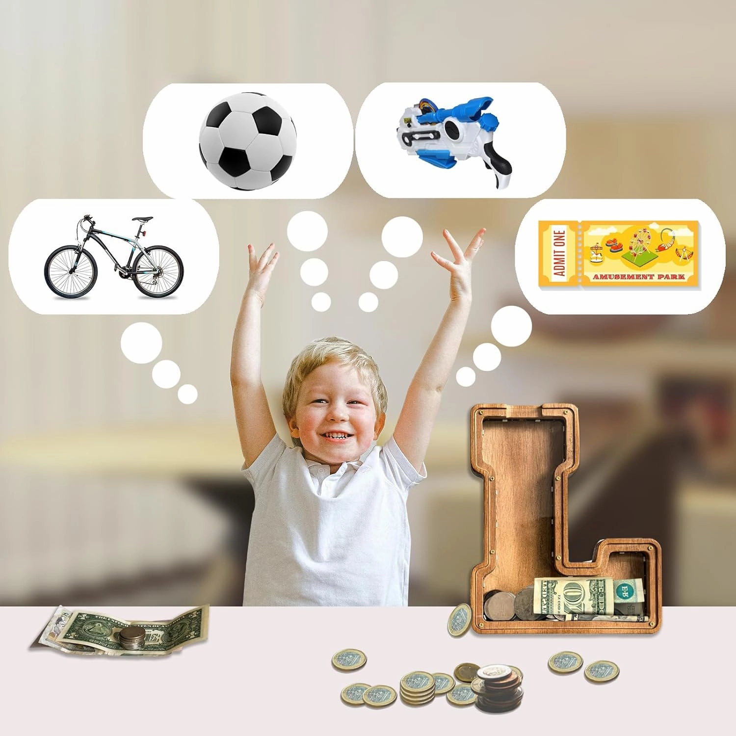 Wooden Letter Piggy Bank for Kids,9inch Kids Money Bank with LED Lights, Alphabet Coin Jar(A-Z), Birthday Gift for Kids, Toys for Boys and Girls(Z)
