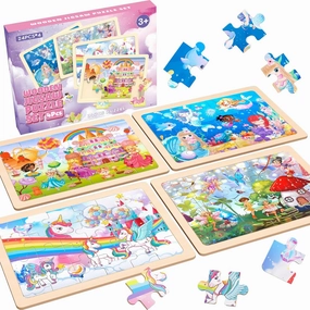 Wooden Puzzles for Kids Ages 3-6  Unicorn Mermaid Princess Fairy 4 Pack Puzzles for Girls, 24-Piece Toddler Puzzles, Educational Preschool Birthday Christmas Easter Gifts for 3 4 5 6 Year Old Girls