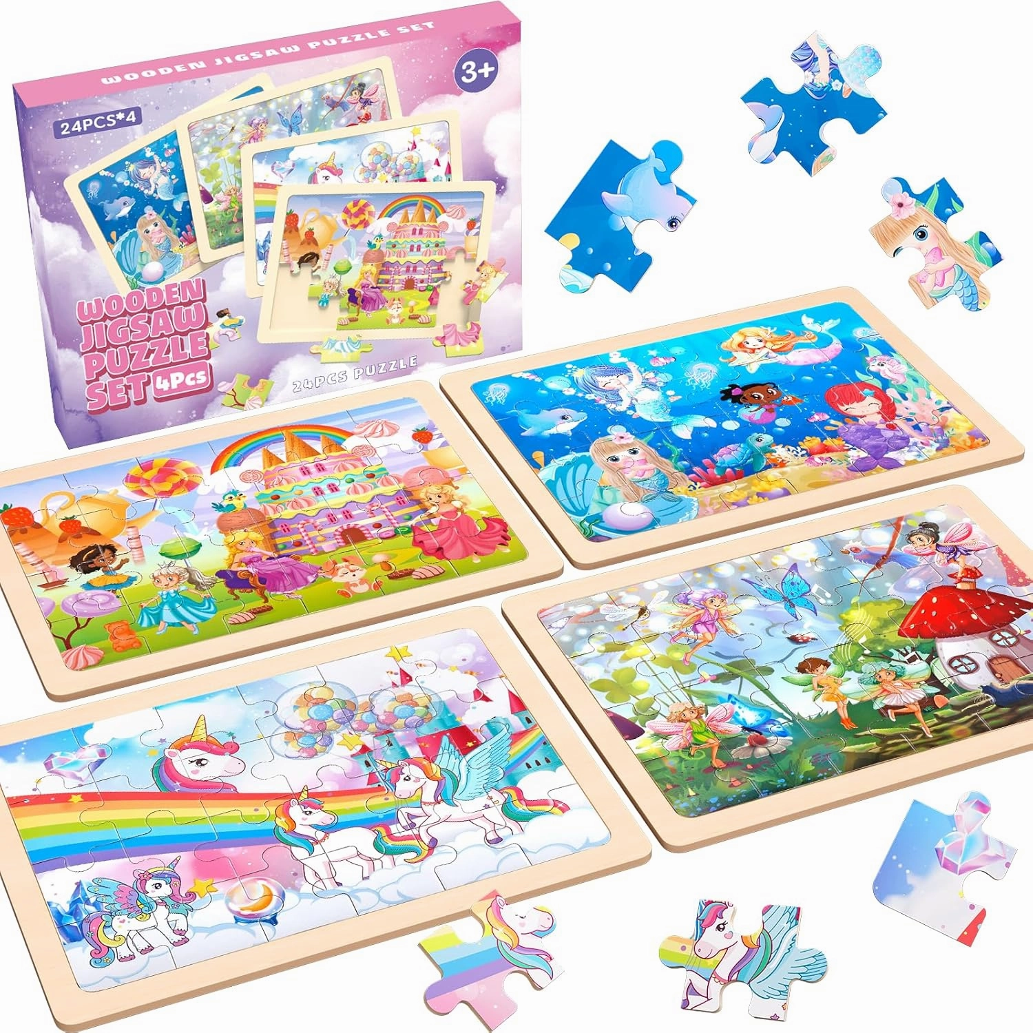 Wooden Puzzles for Kids Ages 3-6  Unicorn Mermaid Princess Fairy 4 Pack Puzzles for Girls, 24-Piece Toddler Puzzles, Educational Preschool Birthday Christmas Easter Gifts for 3 4 5 6 Year Old Girls