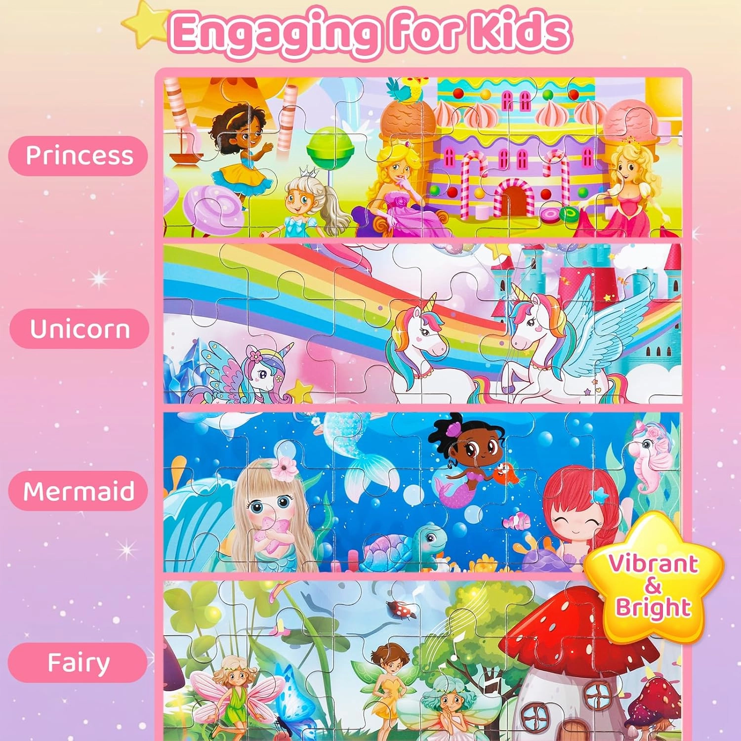 Wooden Puzzles for Kids Ages 3-6  Unicorn Mermaid Princess Fairy 4 Pack Puzzles for Girls, 24-Piece Toddler Puzzles, Educational Preschool Birthday Christmas Easter Gifts for 3 4 5 6 Year Old Girls