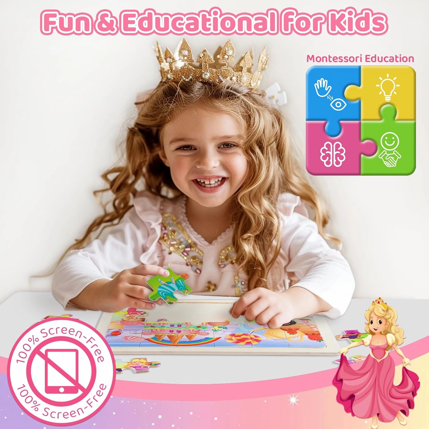 Wooden Puzzles for Kids Ages 3-6  Unicorn Mermaid Princess Fairy 4 Pack Puzzles for Girls, 24-Piece Toddler Puzzles, Educational Preschool Birthday Christmas Easter Gifts for 3 4 5 6 Year Old Girls