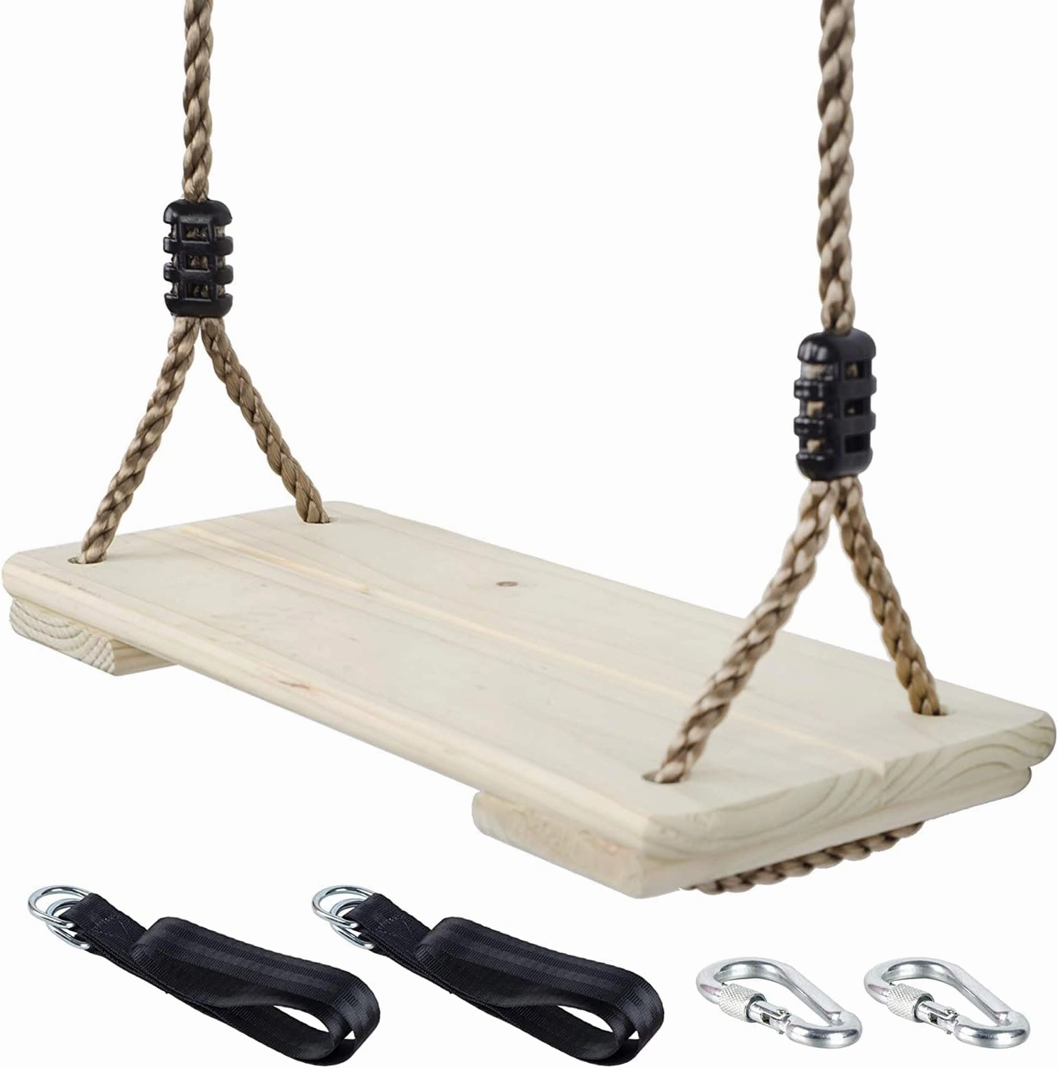 Wooden Swing Seat, Nostalgic Outdoor Wood Swing for Kids Adults, Tree Straps Set Accessories for Backyard Patio Garden Playground, Height Adjustable (Raw Wood)