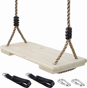 Wooden Swing Seat, Nostalgic Outdoor Wood Swing for Kids Adults, Tree Straps Set Accessories for Backyard Patio Garden Playground, Height Adjustable (Raw Wood)