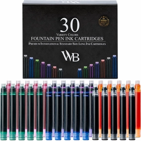Wordsworth & Black Fountain Pen Ink Refills - Set of 30 Assorted Colors Ink Cartridges - International Standard Size - Length APPR 2.04 Inch - Base Diameter APPR 0.24 Inch - Disposable and Generic