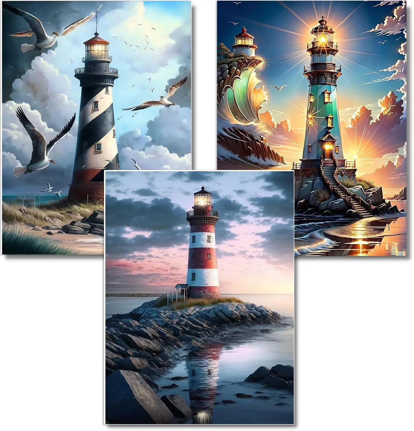 WUDWL Diamond Painting Kits for Adults - 3 Pack Lighthouse DIY 5D Diamond Art Kits Full Drill Diamond Dots Paintings with Diamonds Gem Art and Crafts Home Decor 12x16inch ﻿