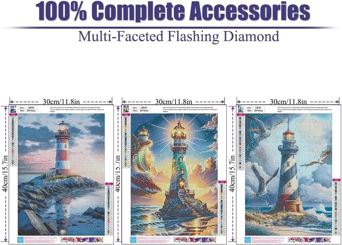 WUDWL Diamond Painting Kits for Adults - 3 Pack Lighthouse DIY 5D Diamond Art Kits Full Drill Diamond Dots Paintings with Diamonds Gem Art and Crafts Home Decor 12x16inch ﻿