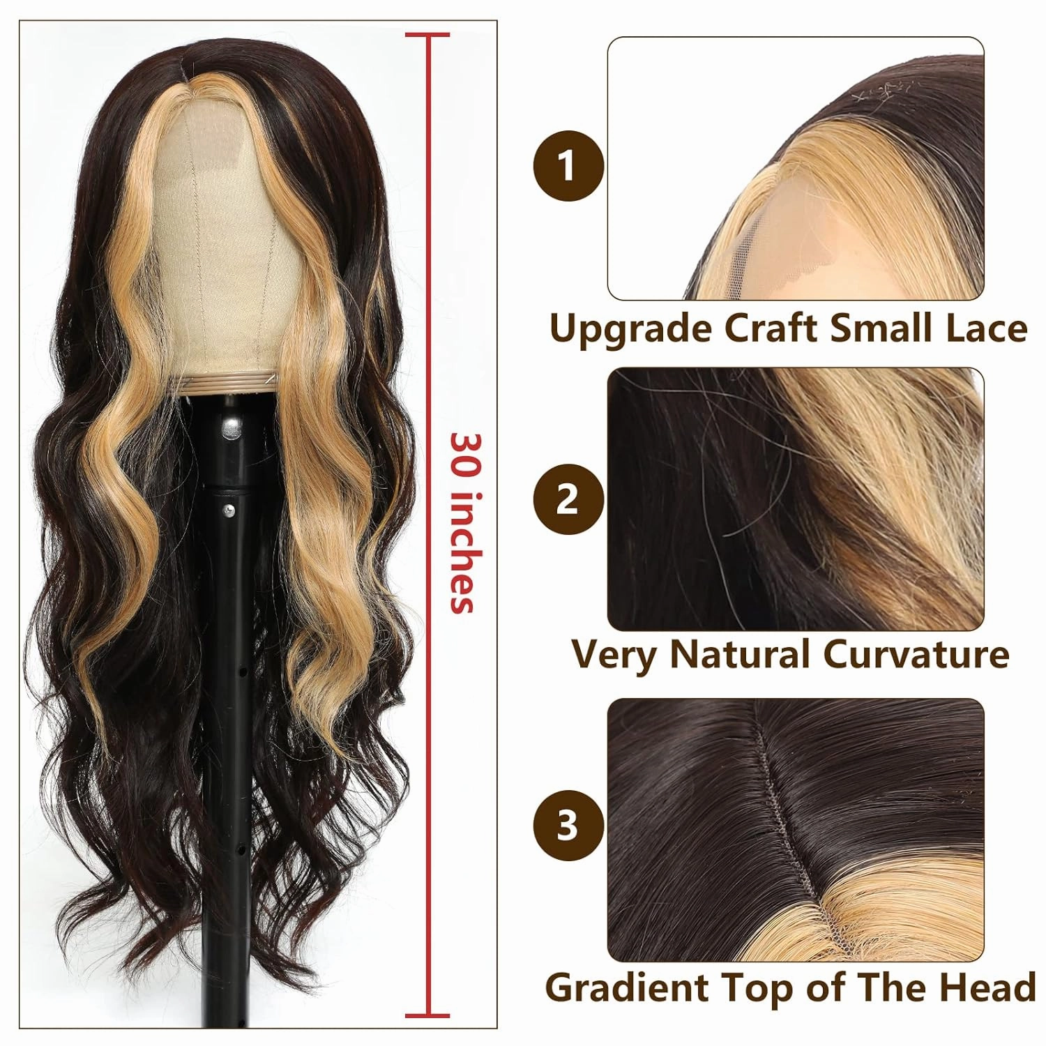 xccoco Long Wavy Wigs for Women Black Highlighted Wig Body Wave Synthetic Lace Wig 28inch Black Wig with Blonde Streaks Highlight Wig Heat Resistant Curly Wavy Side Part Wig