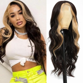 xccoco Long Wavy Wigs for Women Black Highlighted Wig Body Wave Synthetic Lace Wig 28inch Black Wig with Blonde Streaks Highlight Wig Heat Resistant Curly Wavy Side Part Wig
