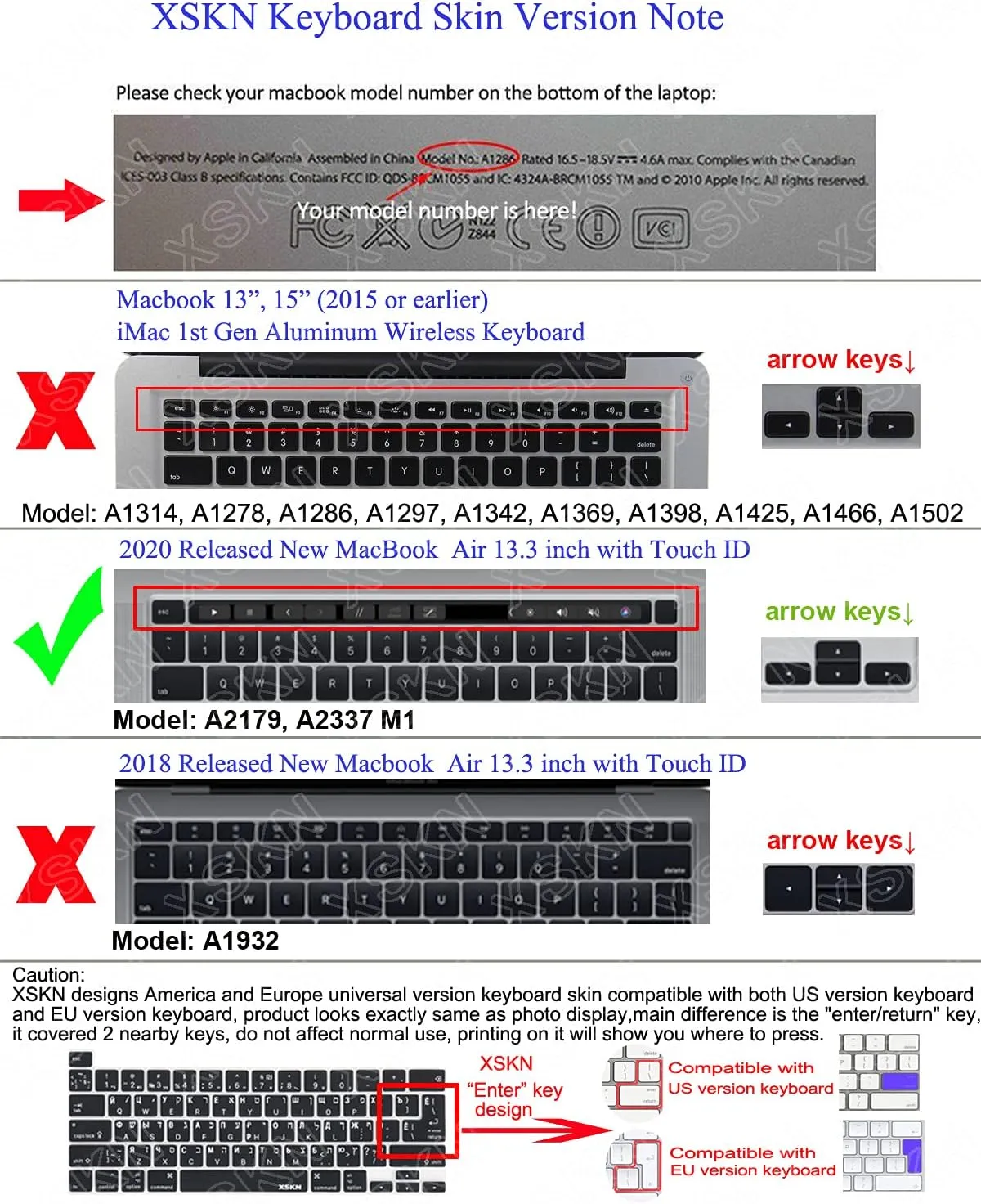 XSKN Shortcuts Function and Language Series Silicone Keyboard Cover Skin for 2020 Released New MacBook Air 13.3 inch with Touch ID A2179 A2337 M1 Chip (US EU Common Version Ableton) k-366
