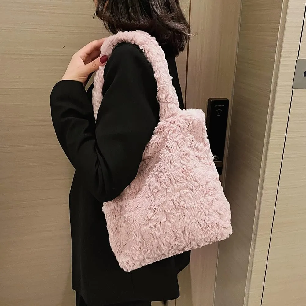 Y2K Plush Underarm Bag, Ladies Fluffy Shoulder Bag, Women Furry Flower Tote for Autumn and Winter