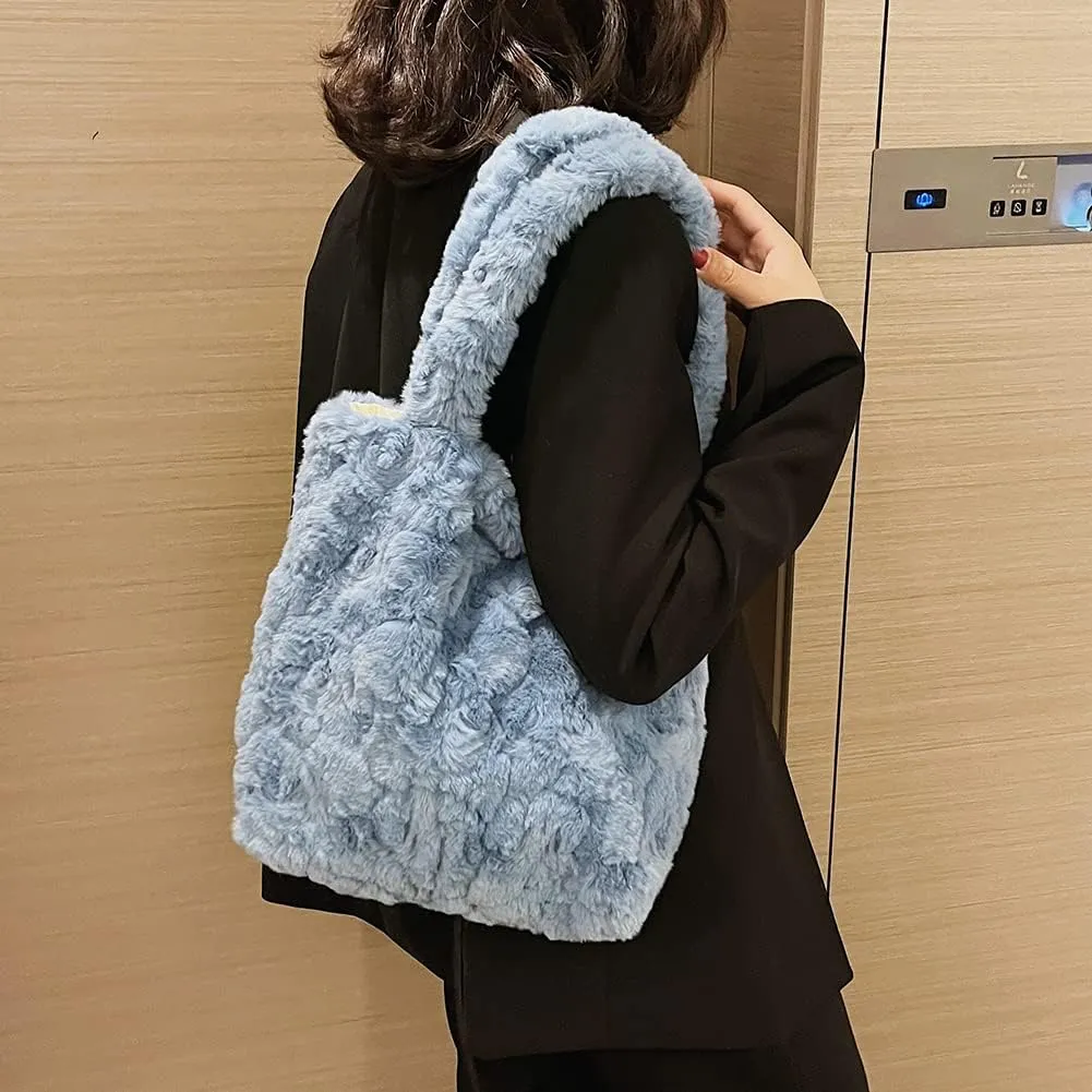 Y2K Plush Underarm Bag, Ladies Fluffy Shoulder Bag, Women Furry Flower Tote for Autumn and Winter
