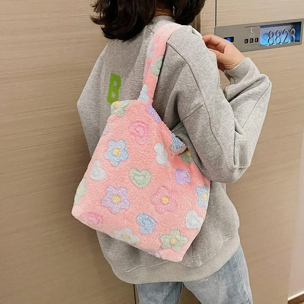Y2K Plush Underarm Bag, Ladies Fluffy Shoulder Bag, Women Furry Flower Tote for Autumn and Winter