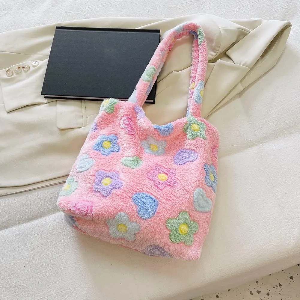 Y2K Plush Underarm Bag, Ladies Fluffy Shoulder Bag, Women Furry Flower Tote for Autumn and Winter