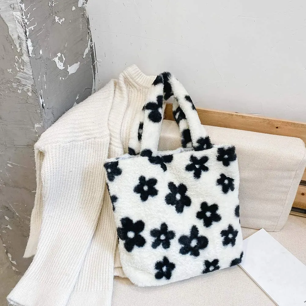 Y2K Plush Underarm Bag, Ladies Fluffy Shoulder Bag, Women Furry Flower Tote for Autumn and Winter
