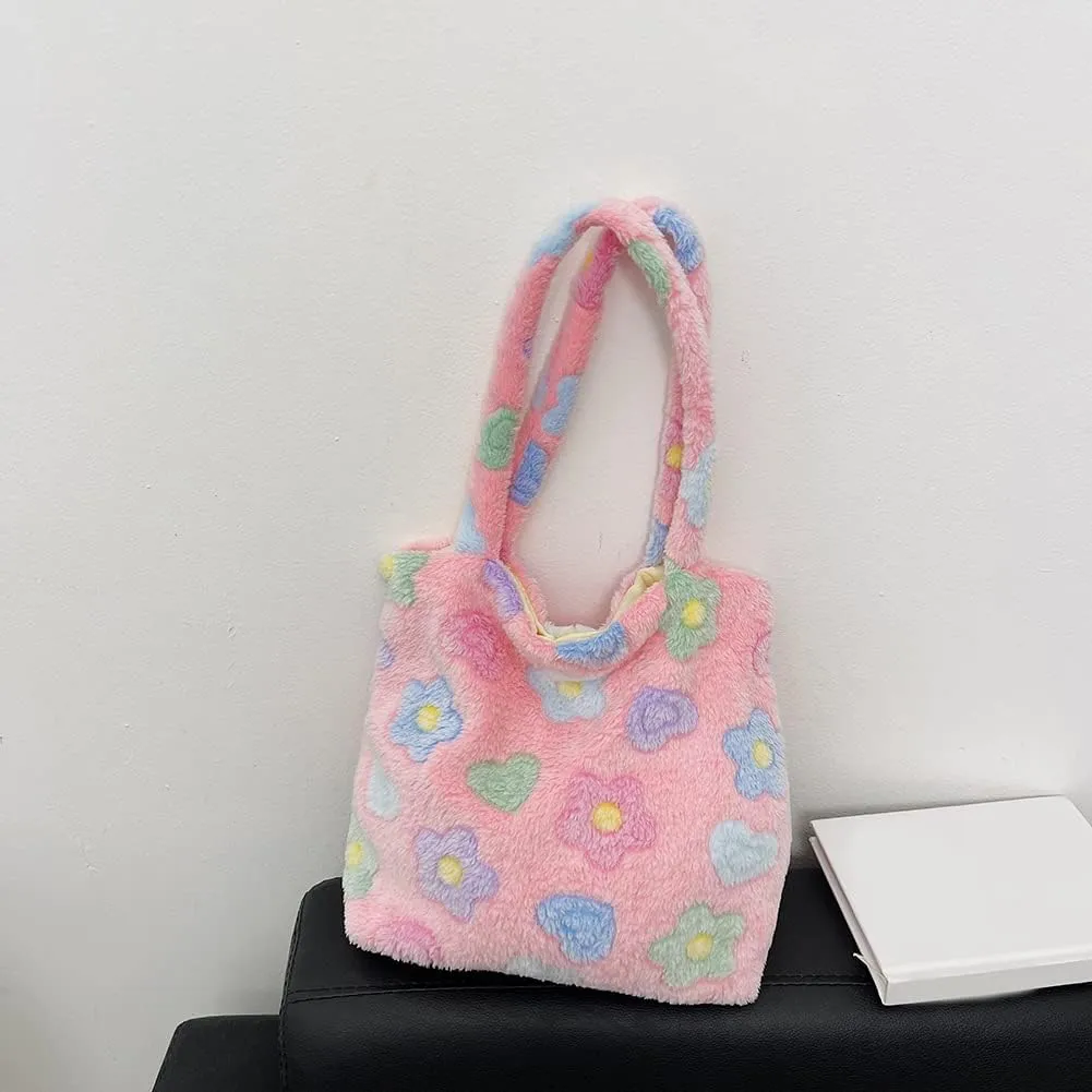 Y2K Plush Underarm Bag, Ladies Fluffy Shoulder Bag, Women Furry Flower Tote for Autumn and Winter