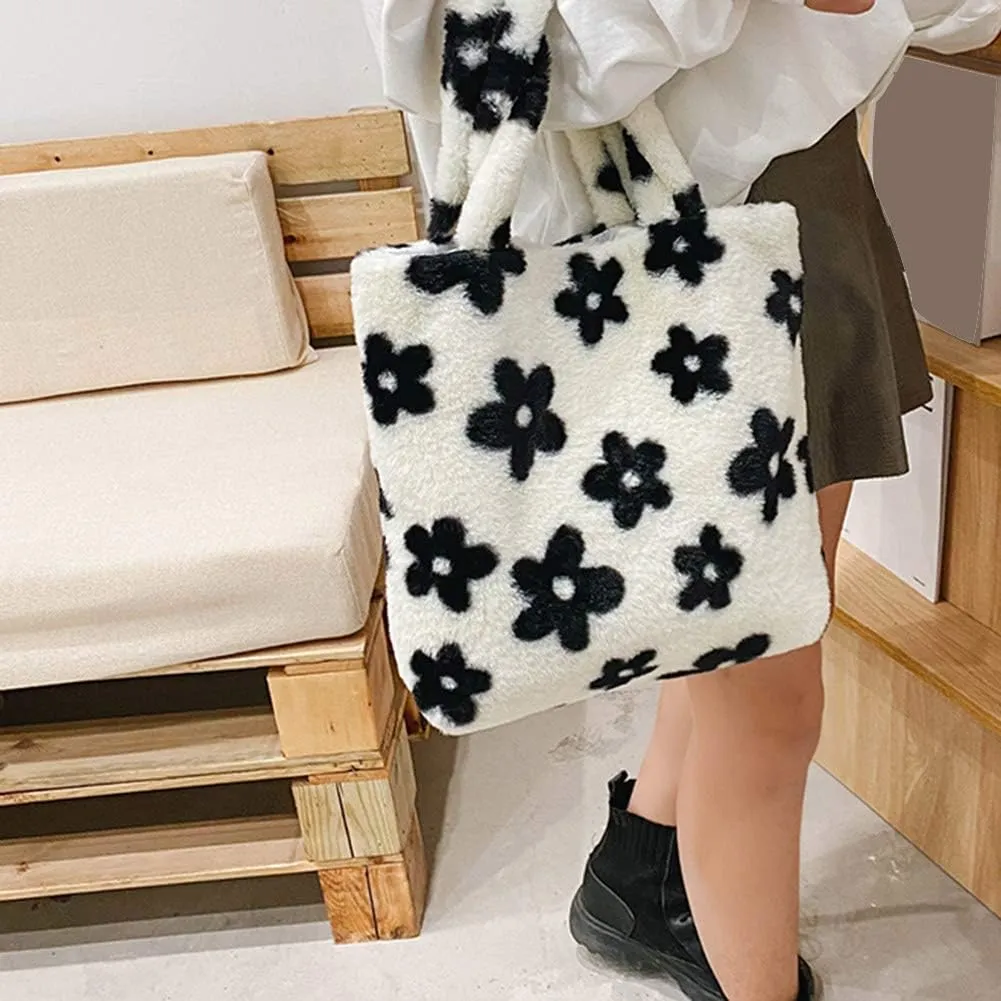Y2K Plush Underarm Bag, Ladies Fluffy Shoulder Bag, Women Furry Flower Tote for Autumn and Winter