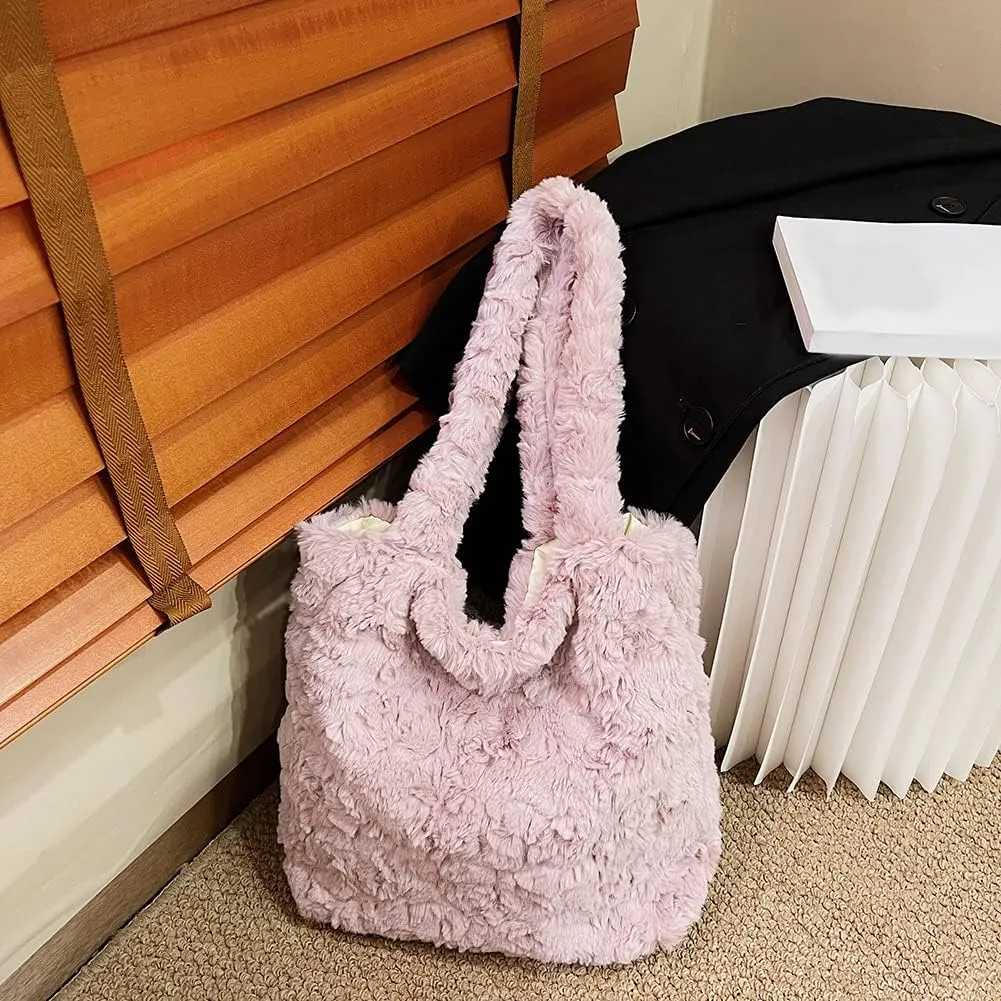 Y2K Plush Underarm Bag, Ladies Fluffy Shoulder Bag, Women Furry Flower Tote for Autumn and Winter