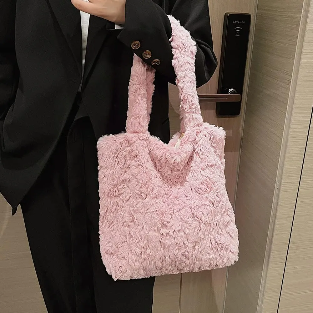 Y2K Plush Underarm Bag, Ladies Fluffy Shoulder Bag, Women Furry Flower Tote for Autumn and Winter