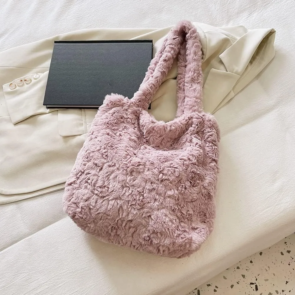Y2K Plush Underarm Bag, Ladies Fluffy Shoulder Bag, Women Furry Flower Tote for Autumn and Winter