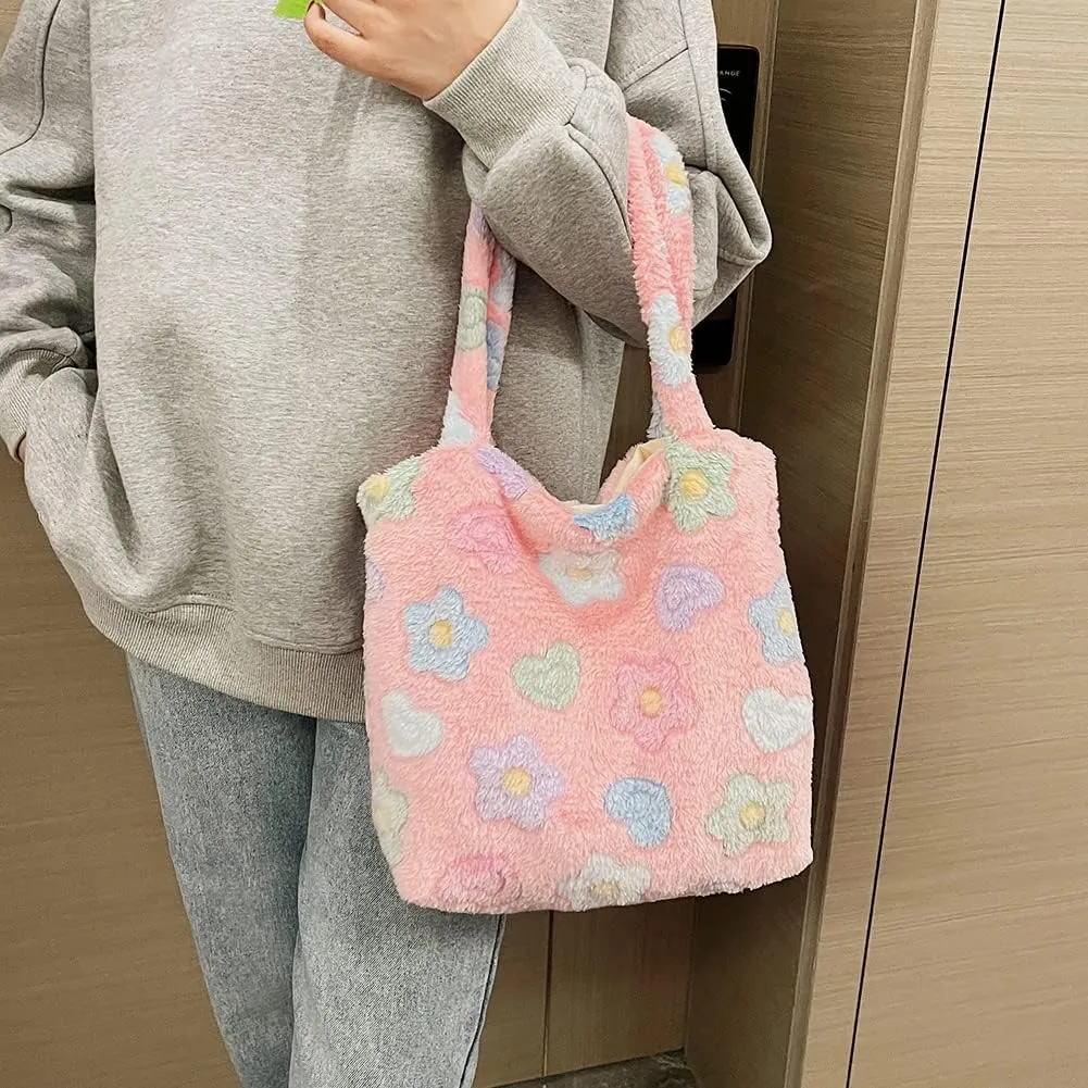 Y2K Plush Underarm Bag, Ladies Fluffy Shoulder Bag, Women Furry Flower Tote for Autumn and Winter