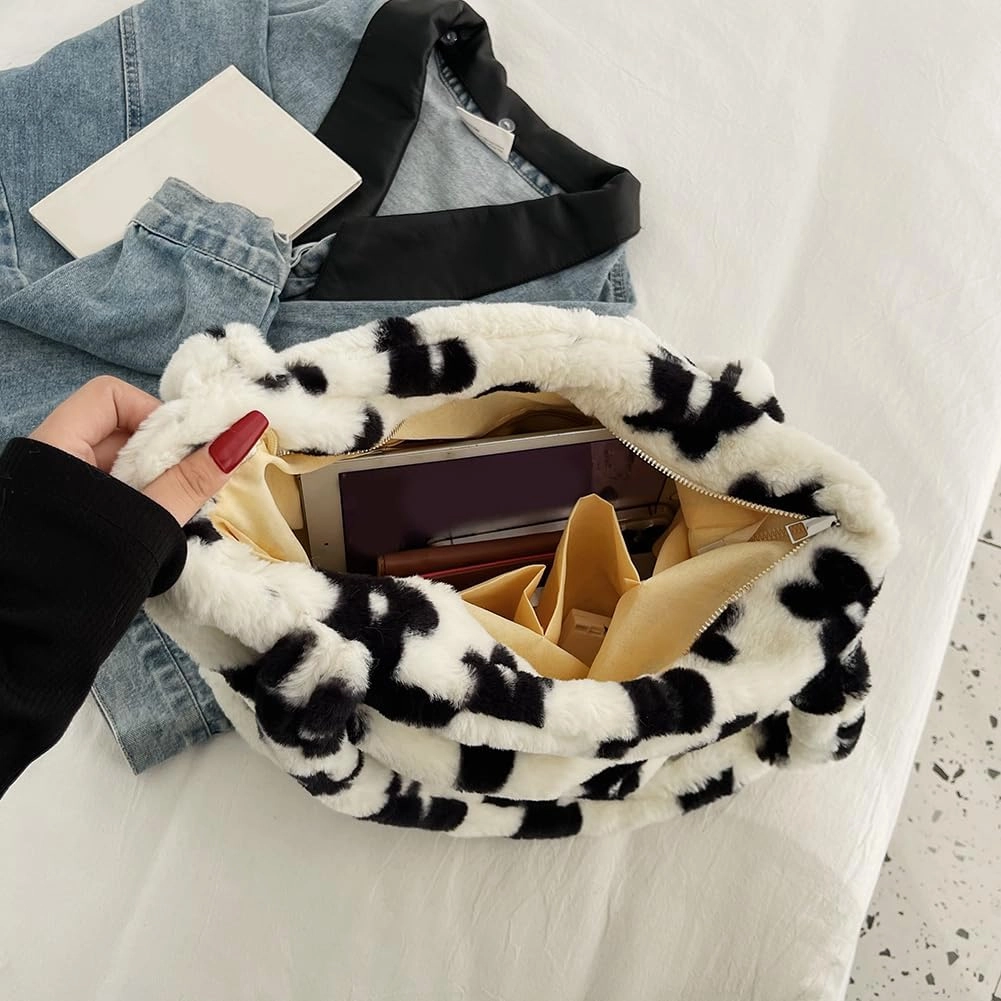 Y2K Plush Underarm Bag, Ladies Fluffy Shoulder Bag, Women Furry Flower Tote for Autumn and Winter