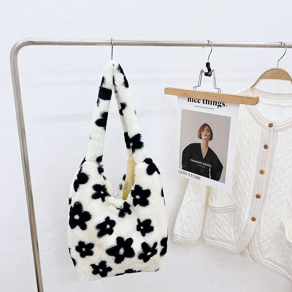 Y2K Plush Underarm Bag, Ladies Fluffy Shoulder Bag, Women Furry Flower Tote for Autumn and Winter