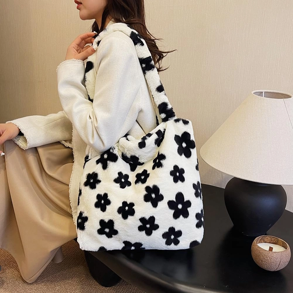 Y2K Plush Underarm Bag, Ladies Fluffy Shoulder Bag, Women Furry Flower Tote for Autumn and Winter