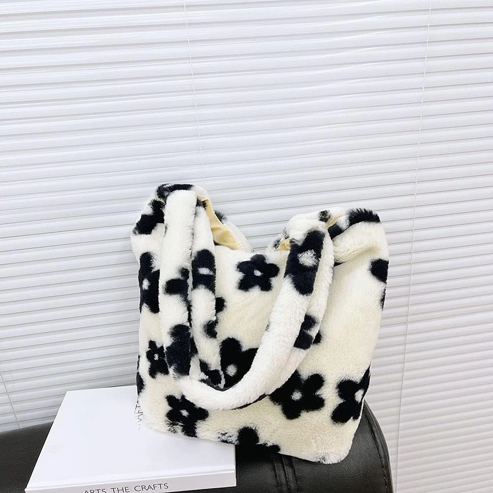 Y2K Plush Underarm Bag, Ladies Fluffy Shoulder Bag, Women Furry Flower Tote for Autumn and Winter