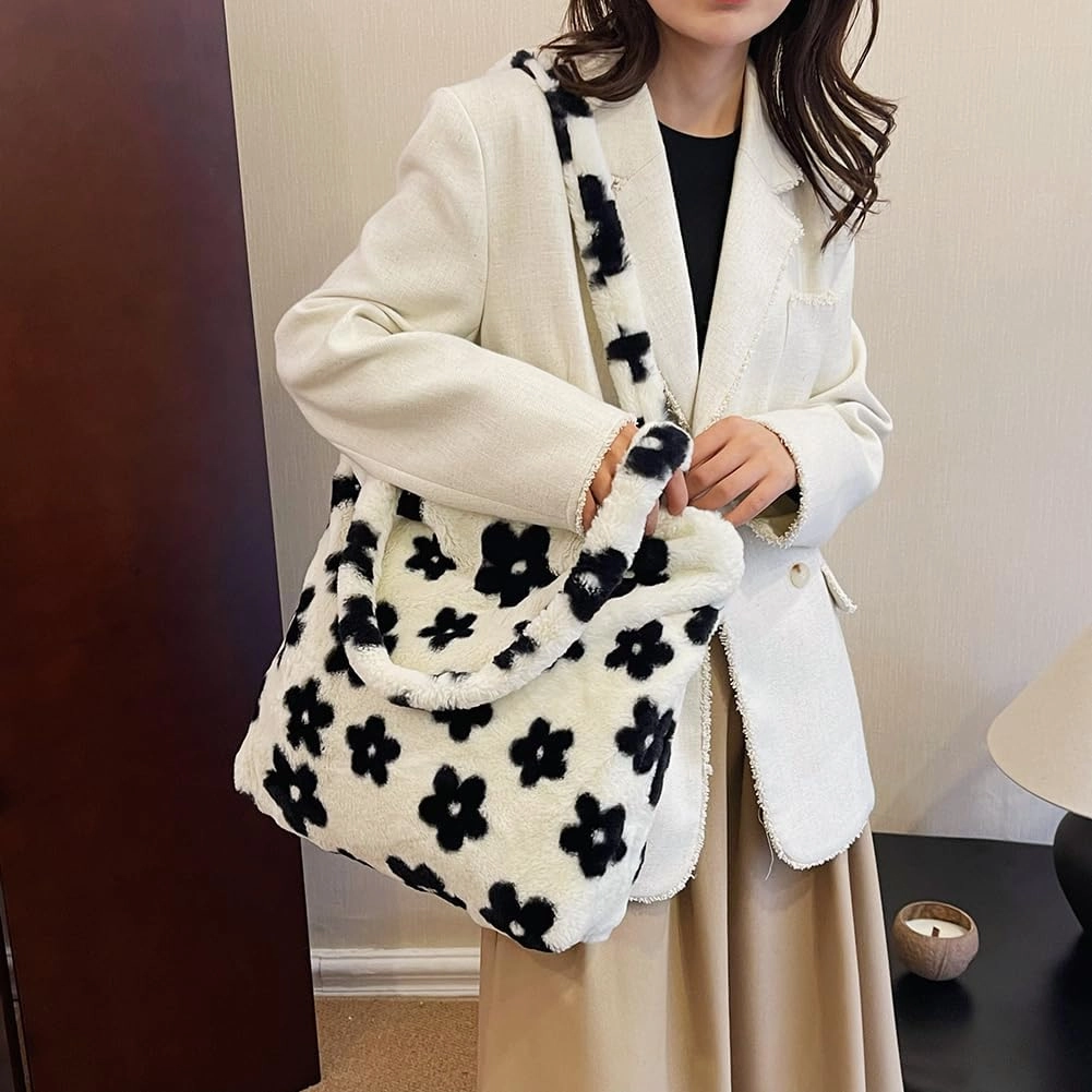 Y2K Plush Underarm Bag, Ladies Fluffy Shoulder Bag, Women Furry Flower Tote for Autumn and Winter